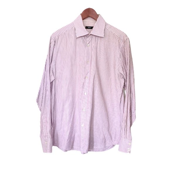 Hugo Boss Pink & Grey Striped Dress Shirt | Hugo Boss Mens Shirt - Picture 1 of 8
